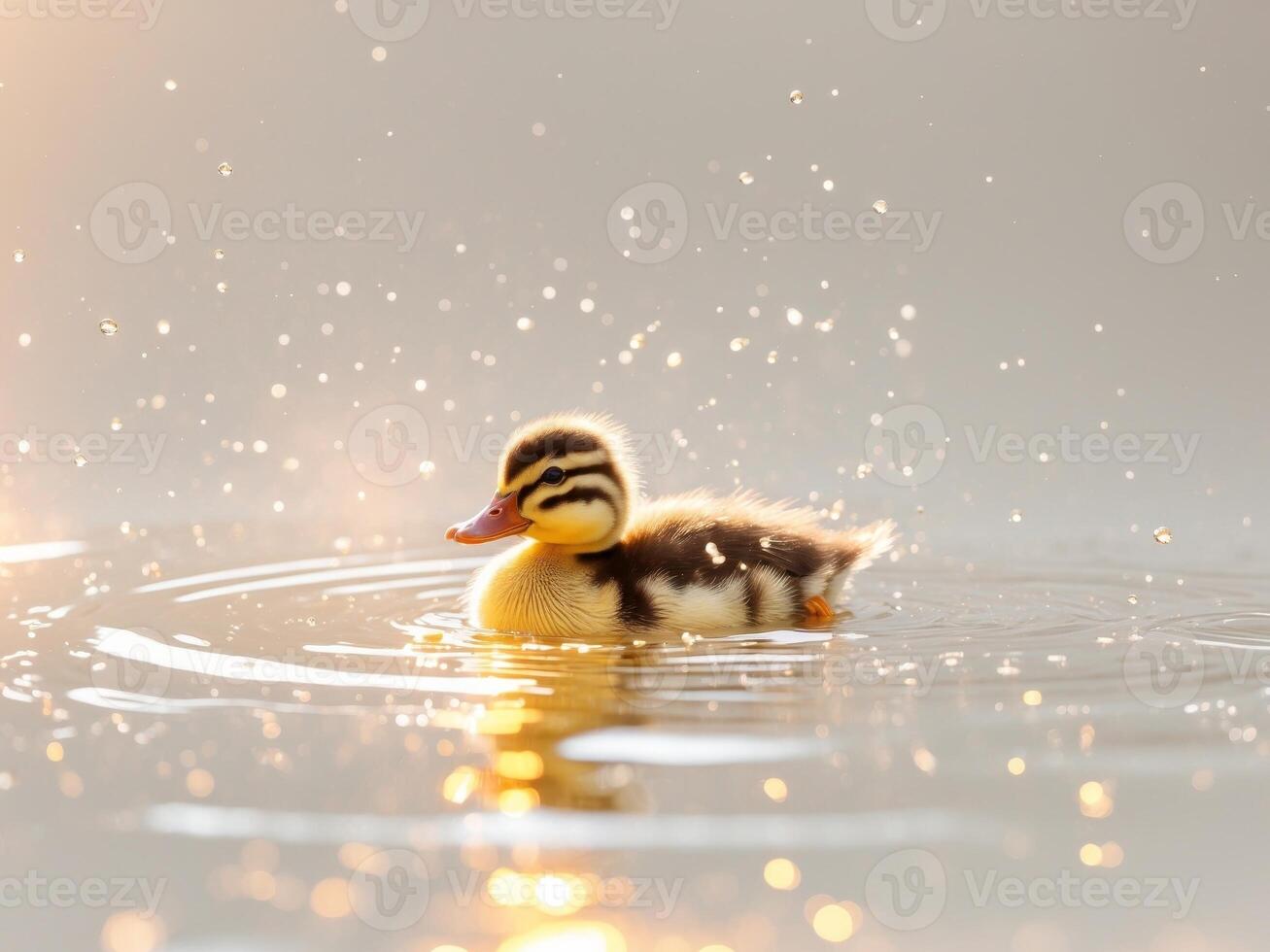 A duckling swimming in the water with a sunbeam photo