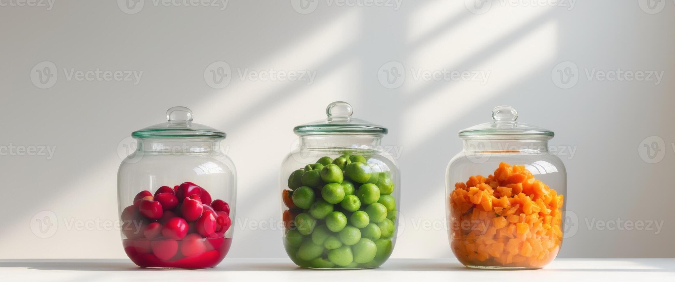 Three glass jars with different colored vegetables photo