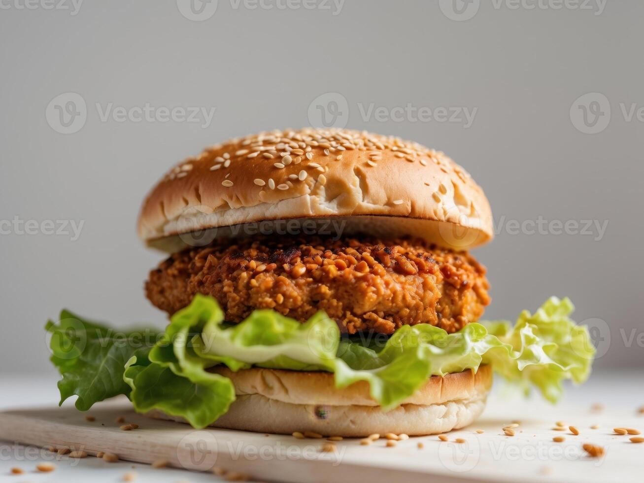 A hamburger with lettuce and sesame seeds on a wooden board photo