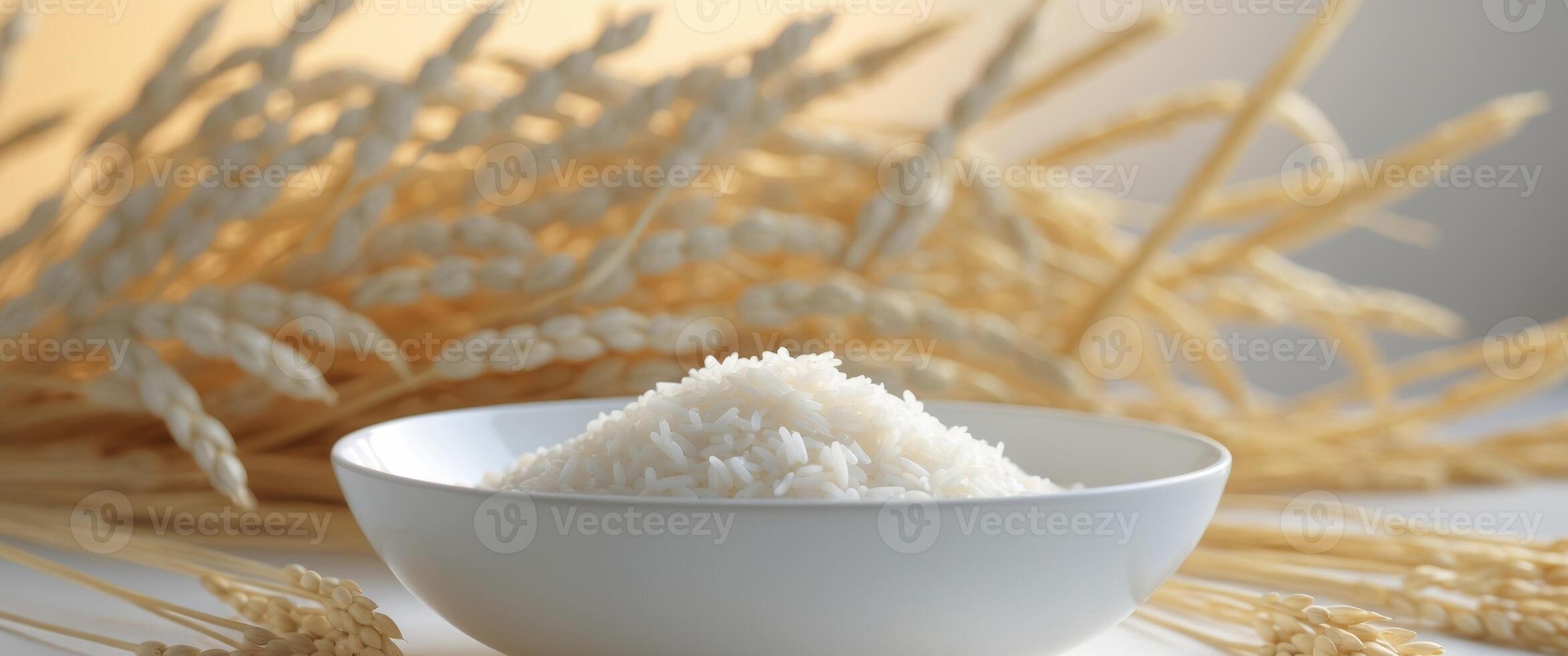 Rice in a bowl on a table with wheat stalks photo