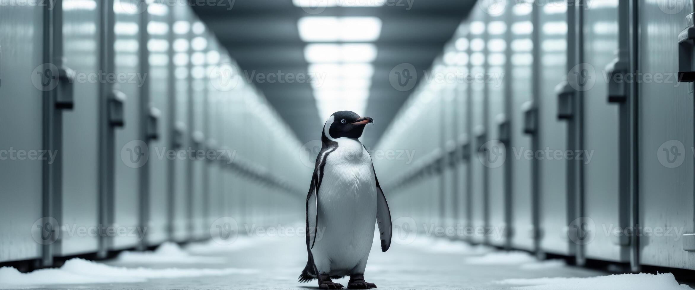 A penguin standing in a large room with many rows of servers photo
