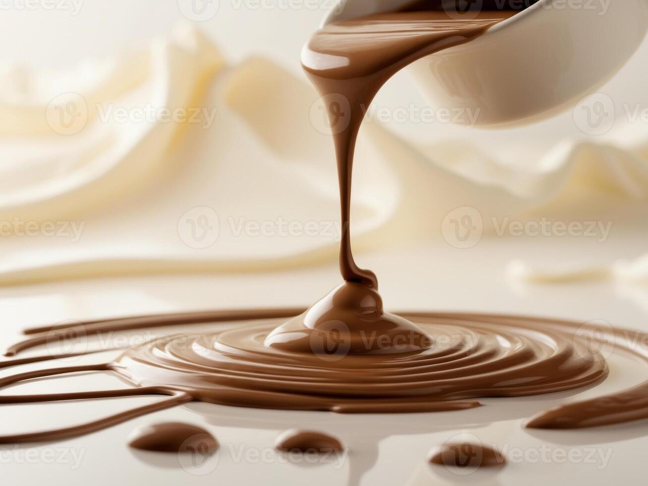 Chocolate pouring from a white cup onto a white background photo