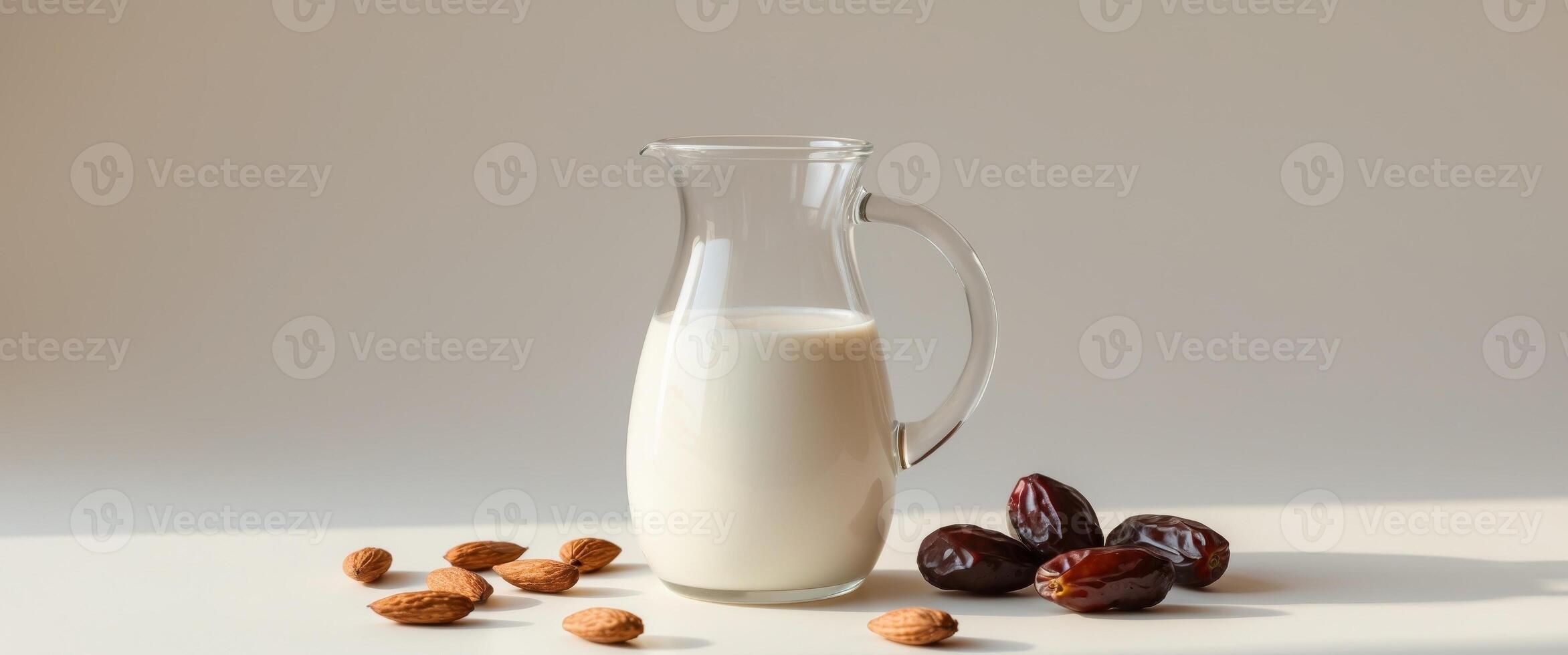 Almond milk in a jug and dates on a table photo