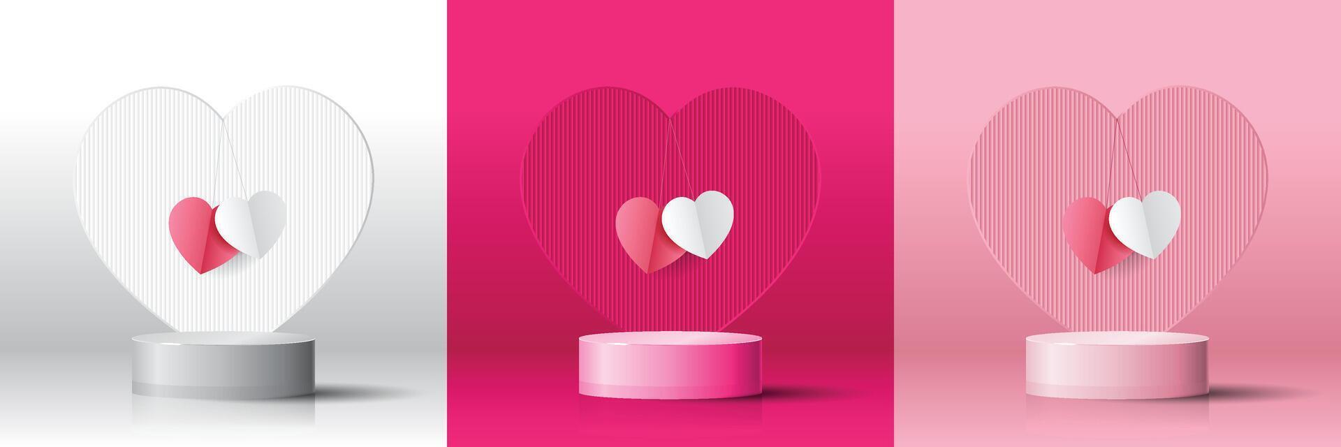 Set of 3D Stage showcase valentine day background white, magenta, pink cylinder podium with heart shape background. geometric platform. Abstract mockup product display. Minimal scene. vector
