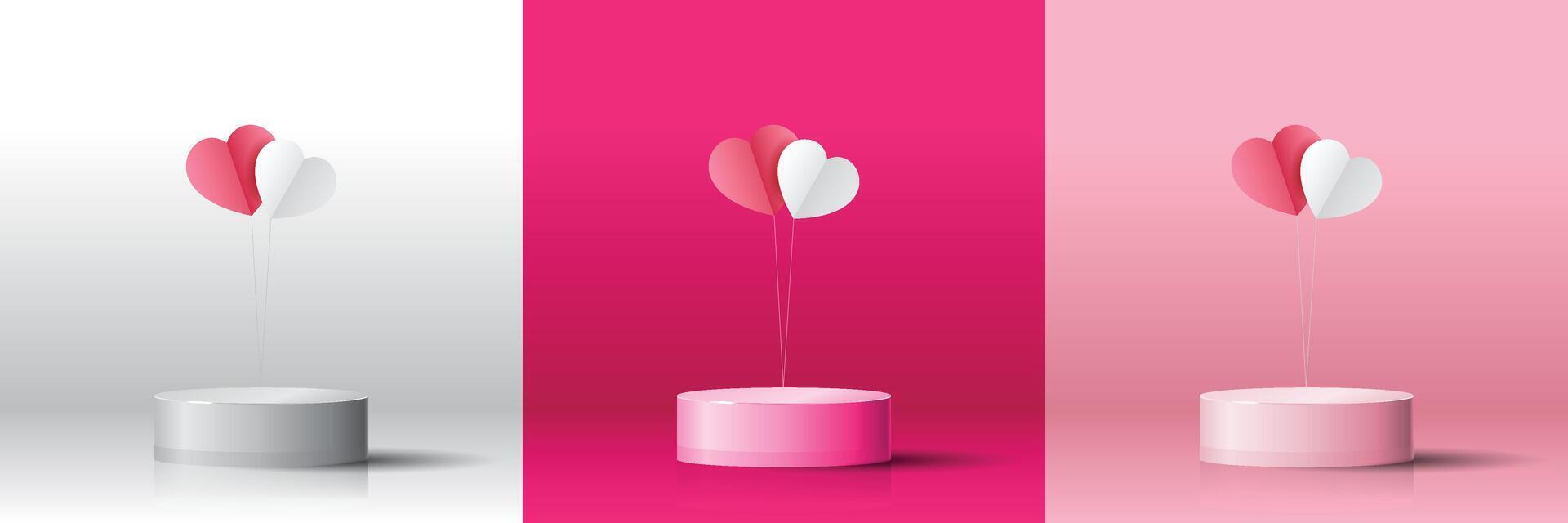Set of 3D white, magenta, pink cylinder podium stage showcase background with floating heart shape. geometric platform. Abstract mockup product display. Minimal scene. Stage showcase. vector