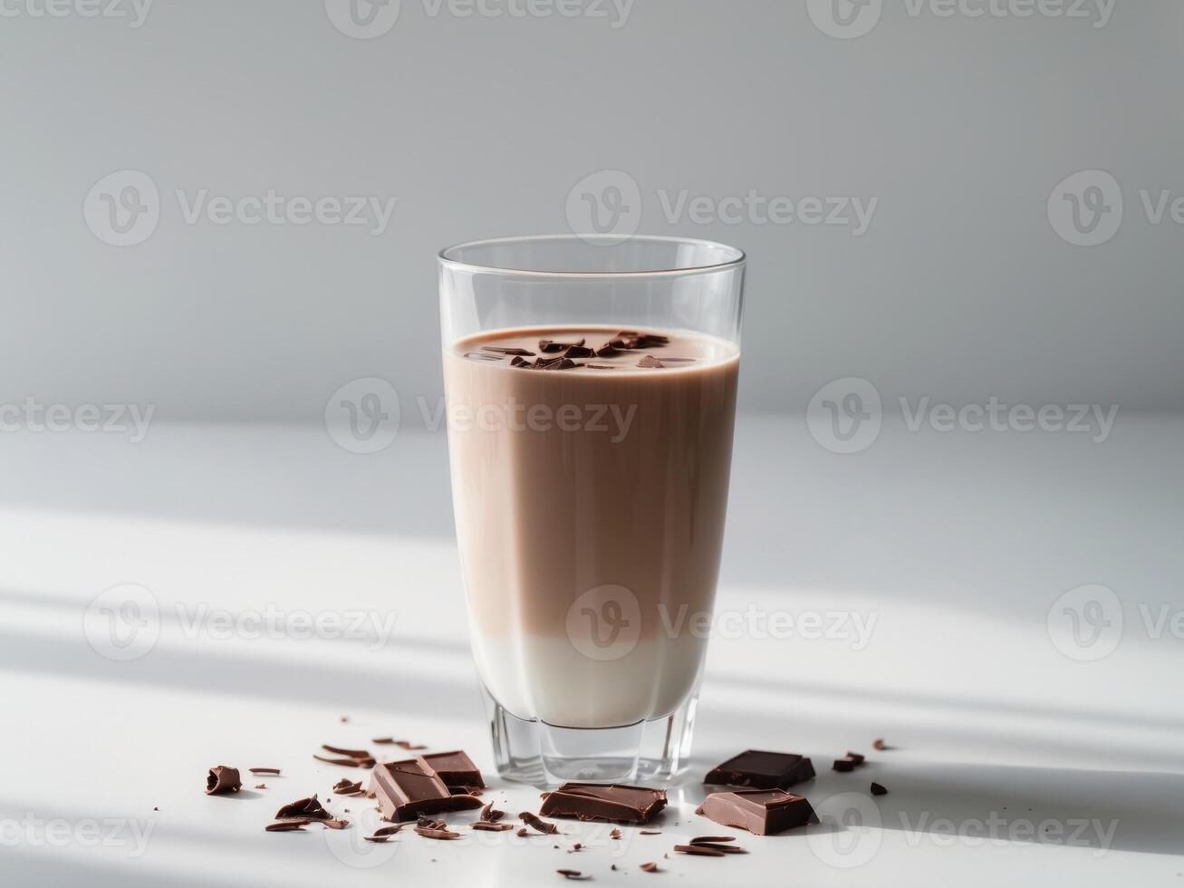 Glass of chocolate milk with chocolate pieces. photo