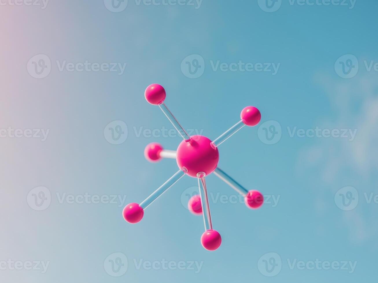 Molecule structure with pink core floating on blue background. photo