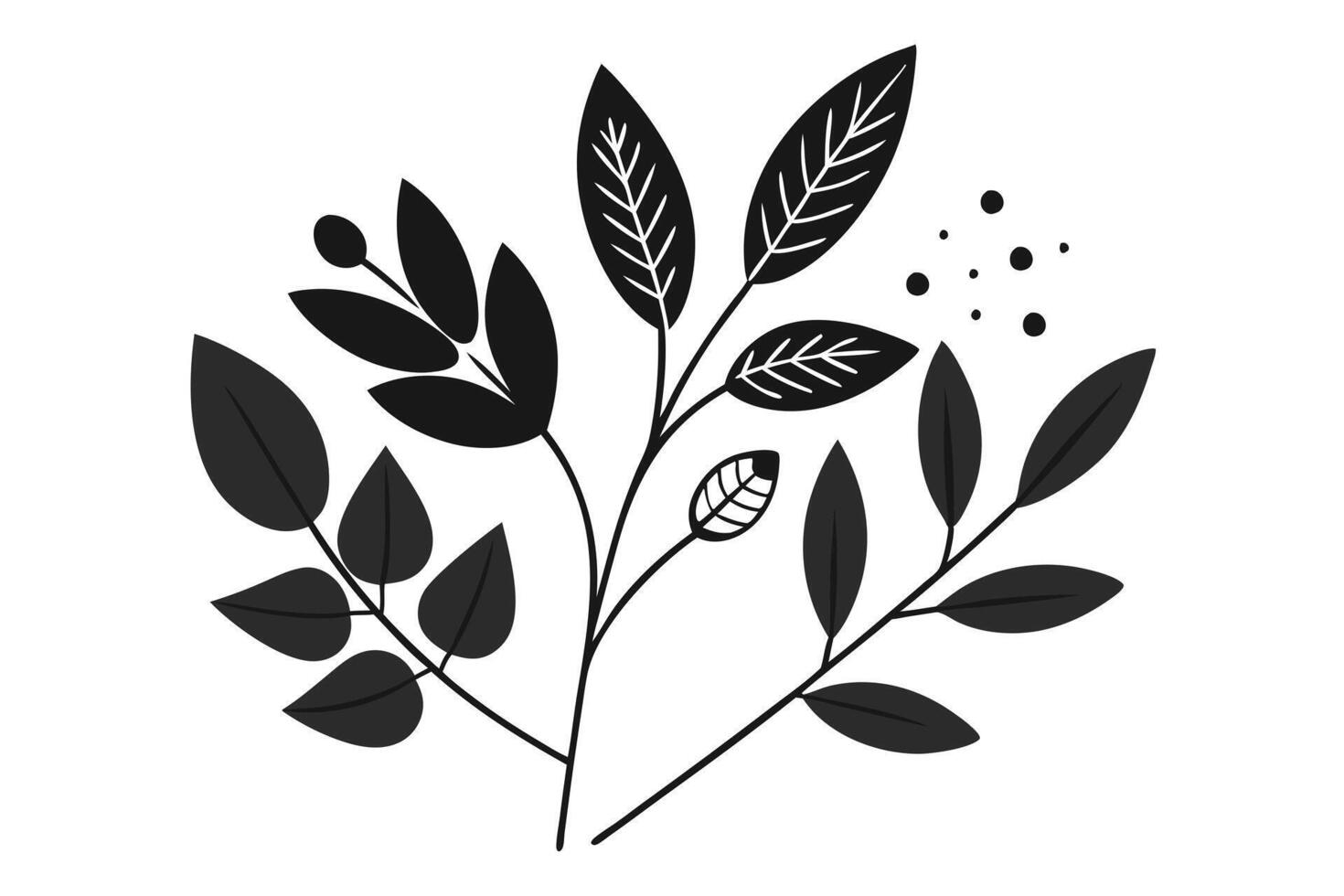 Black Leaves on White, Botanical Elements, Foliage and Dots Art vector