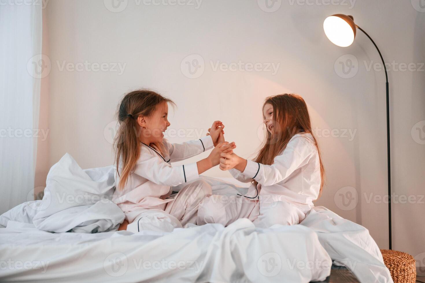 Side view.. Playing, having fun. Two little girls are together in domestic room photo