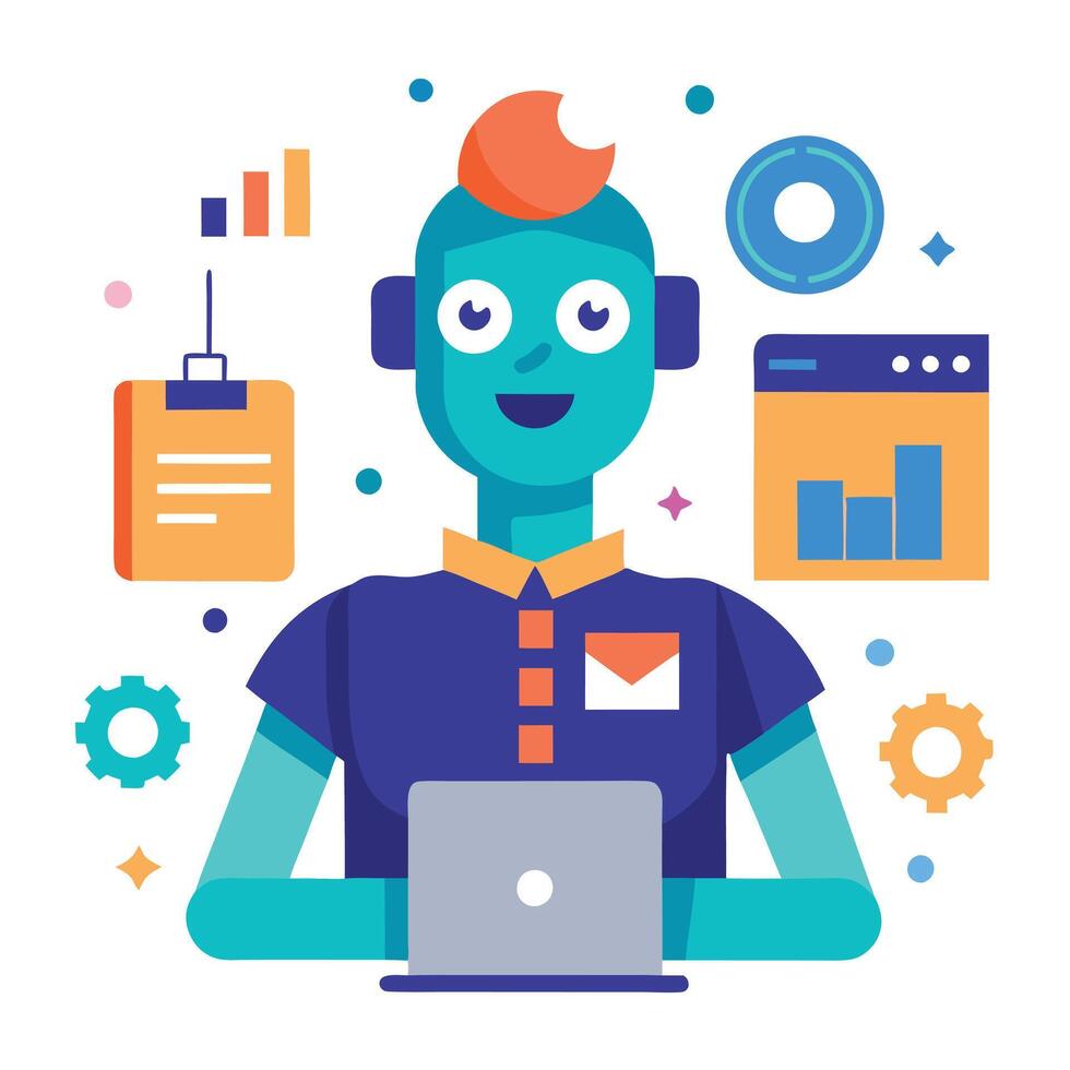 Cartoon Programmer on Laptop with Graph Icon and Gears Flat Design Style vector