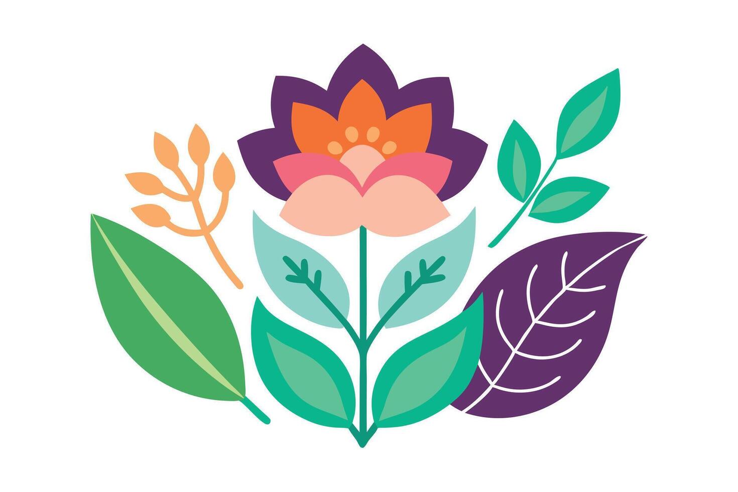 Colorful Floral Arrangement on White Geometric Style Flower and Leaf Design vector