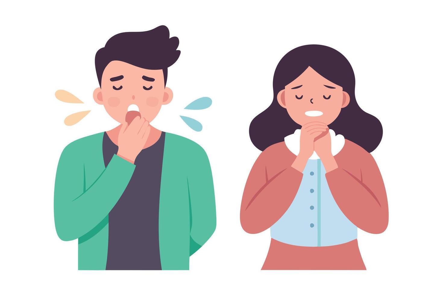 Sick Man Coughing and Asian Woman Feeling Unwell on White Background vector