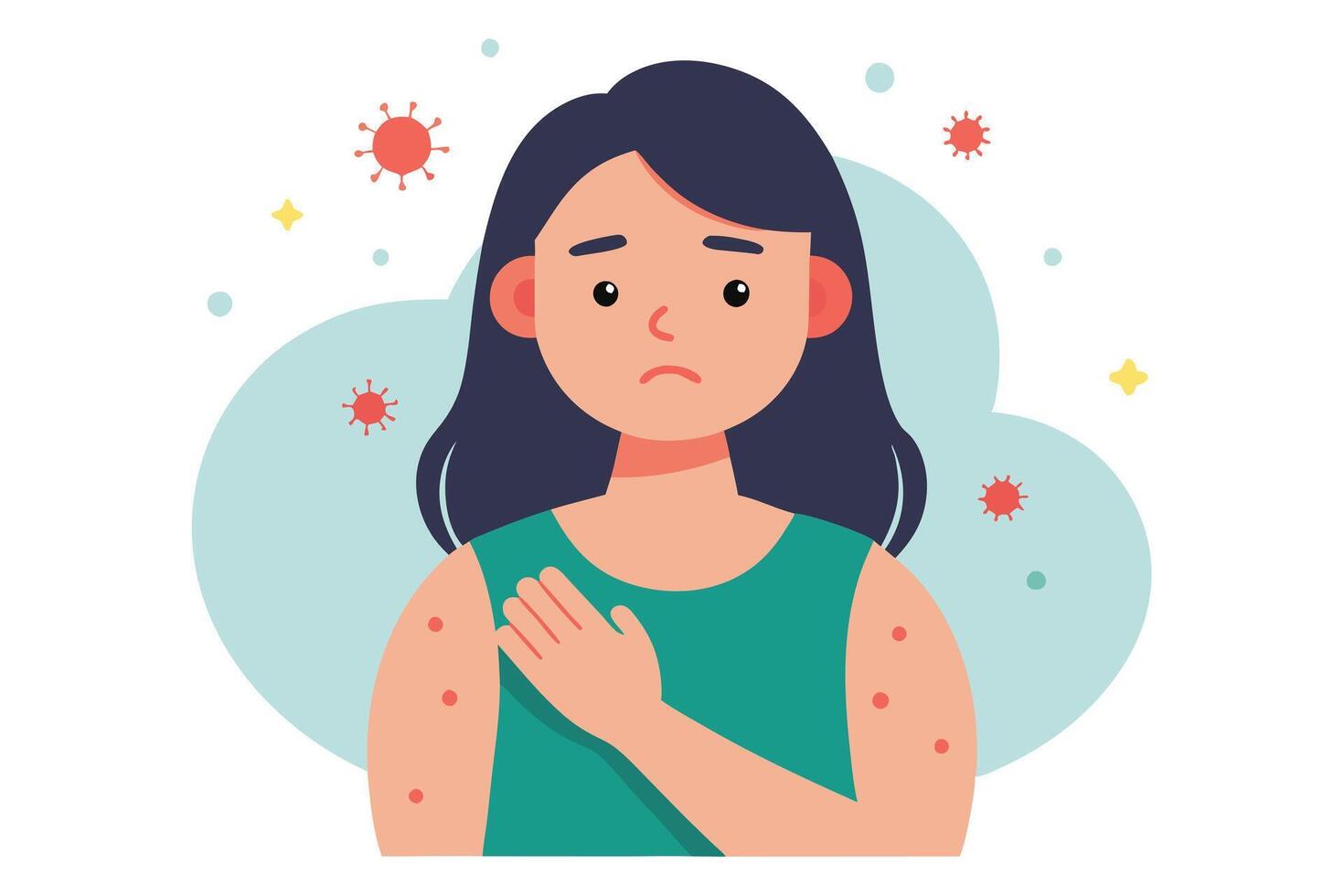 Sad Girl with Skin Rash Touching Arm, Red Spots and Virus Around, White Background vector