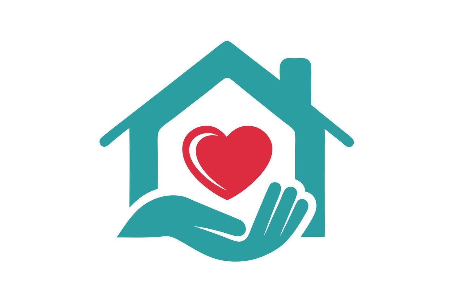 House with a Red Heart in Teal Hands Art on White Background Icon vector