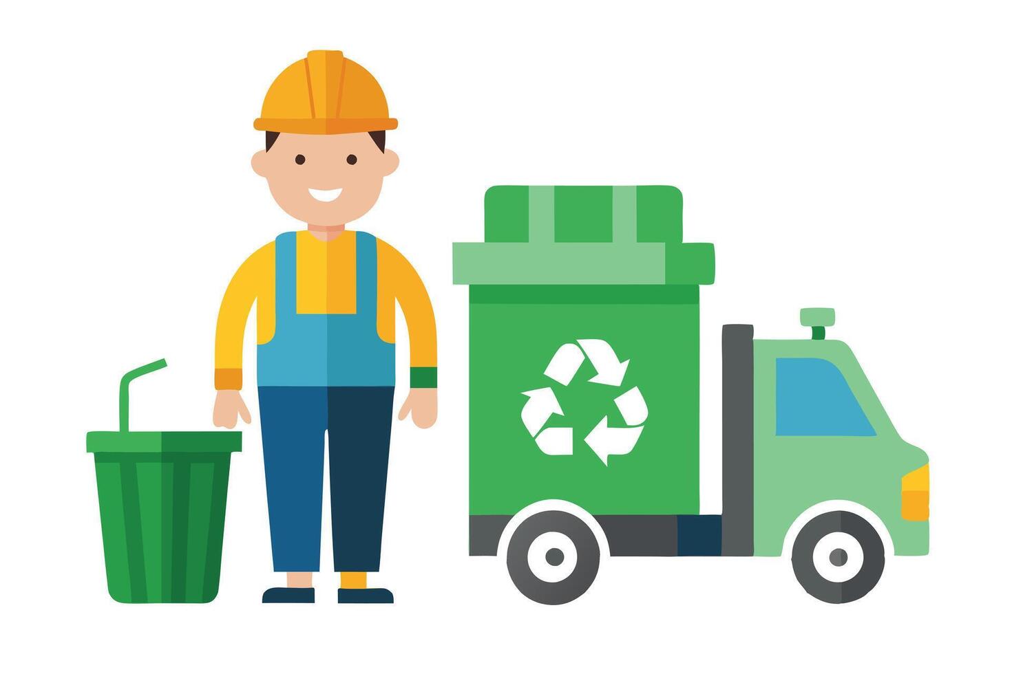 Cartoon Garbageman Next to Recycle Truck and Green Bin on White Background vector