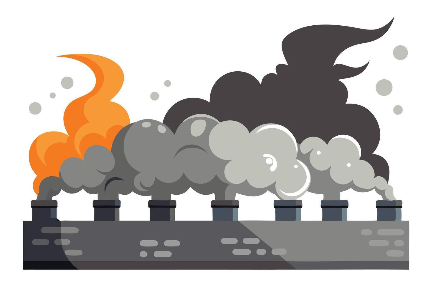 Factory with Chimneys Emitting Smoke and Orange Flames on White Background vector