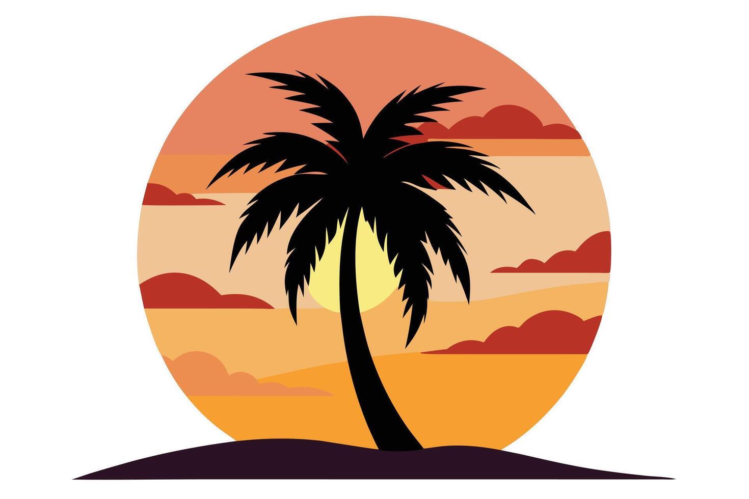Silhouette of Palm Tree Against Sunset Sky with Clouds in Flat Design vector
