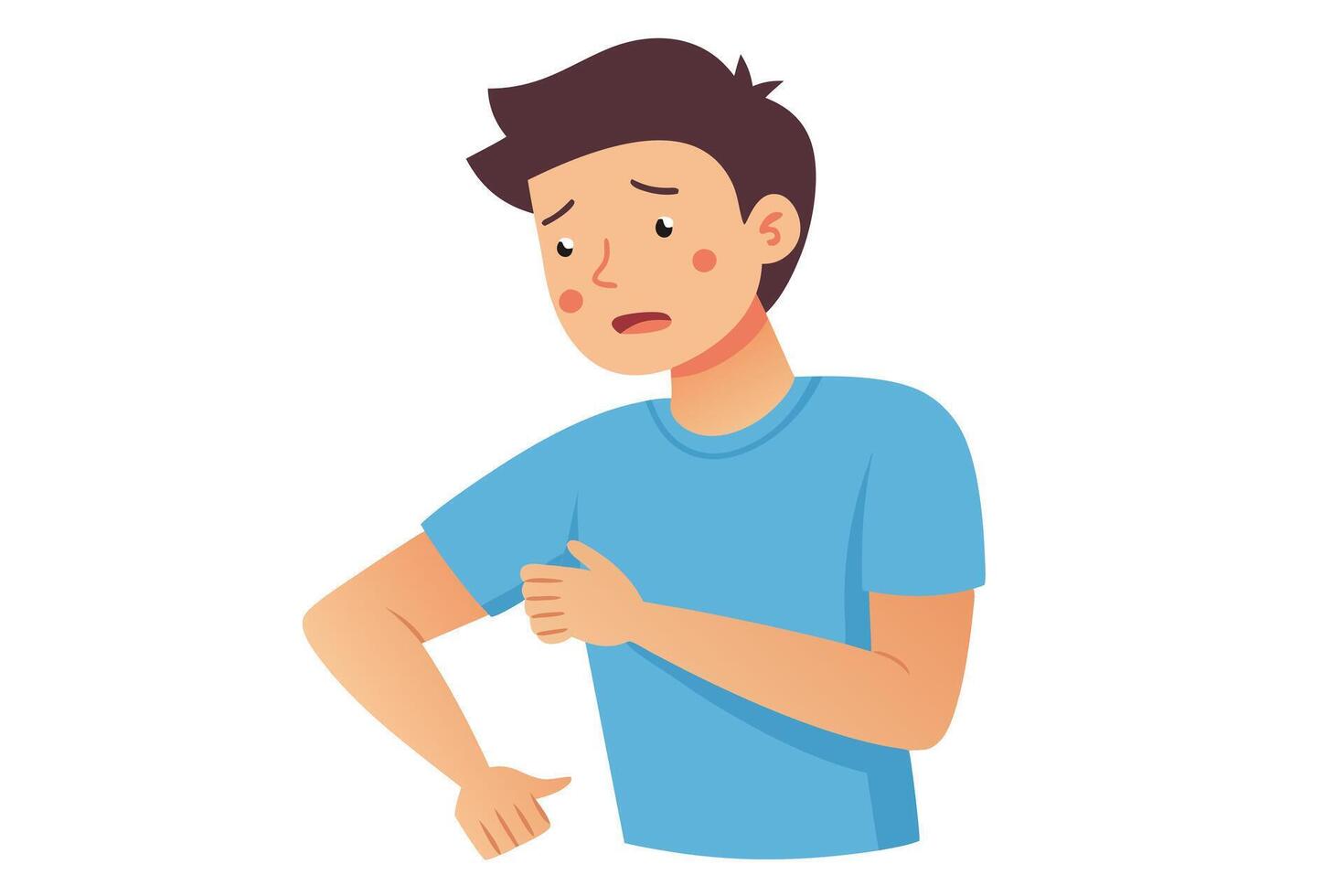 Anxious Man Rubbing Arm, Skin Irritation, Light Blue TShirt, White Background vector