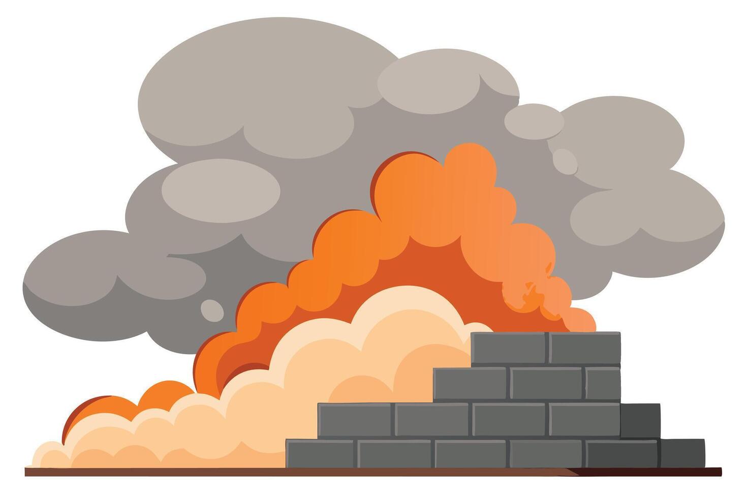 Cartoon Style of Fire and Smoke Cloud Behind Brick Wall vector