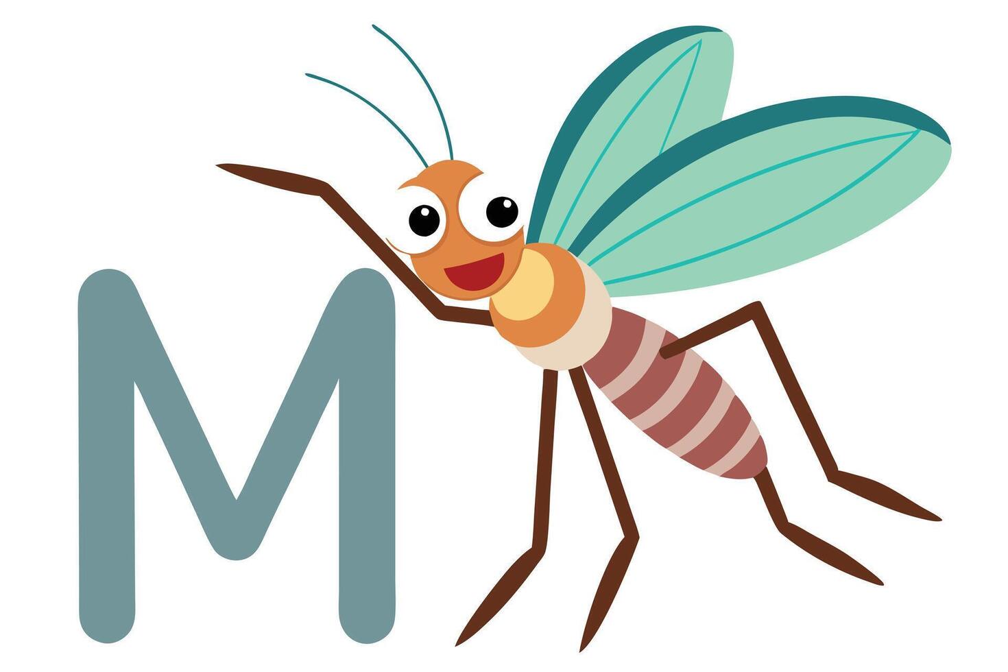 Cartoon Mosquito with Teal Wings Leaning on the Letter M on White Background vector