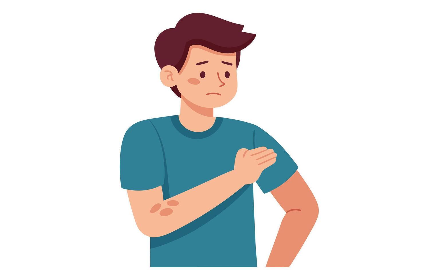 Sad Man with Skin Rash on Arm, Blue Shirt, Cartoon on White vector