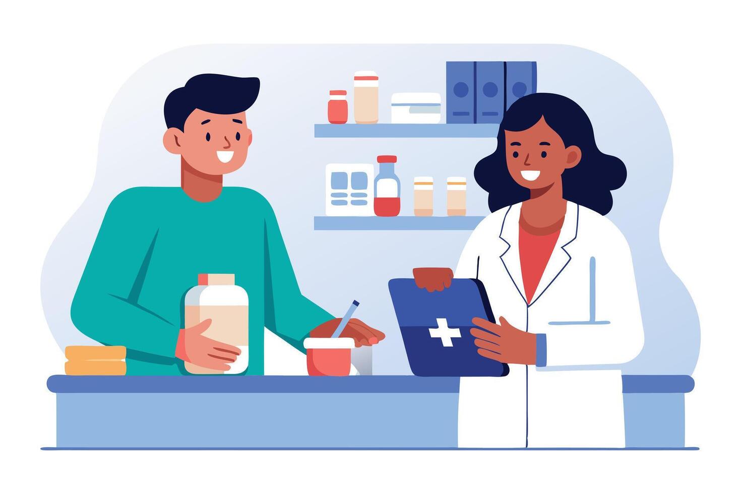 Happy African female pharmacist with customer purchasing medicine vector