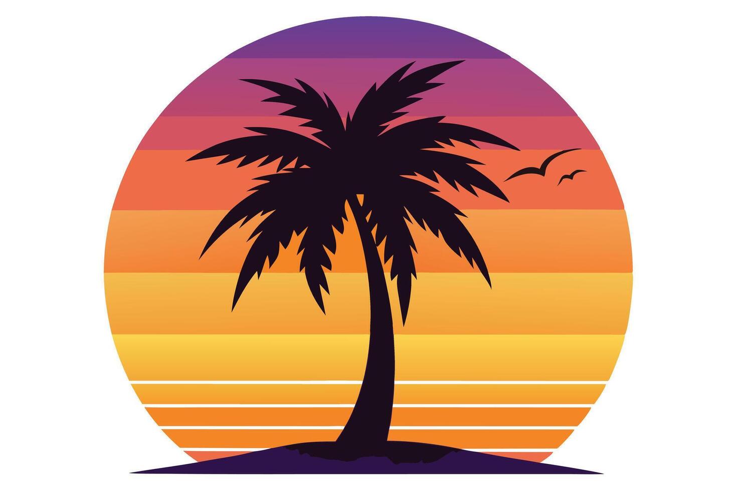 Retro Sunset Palm Tree Silhouette with Flying Birds and Vivid Color Gradients vector