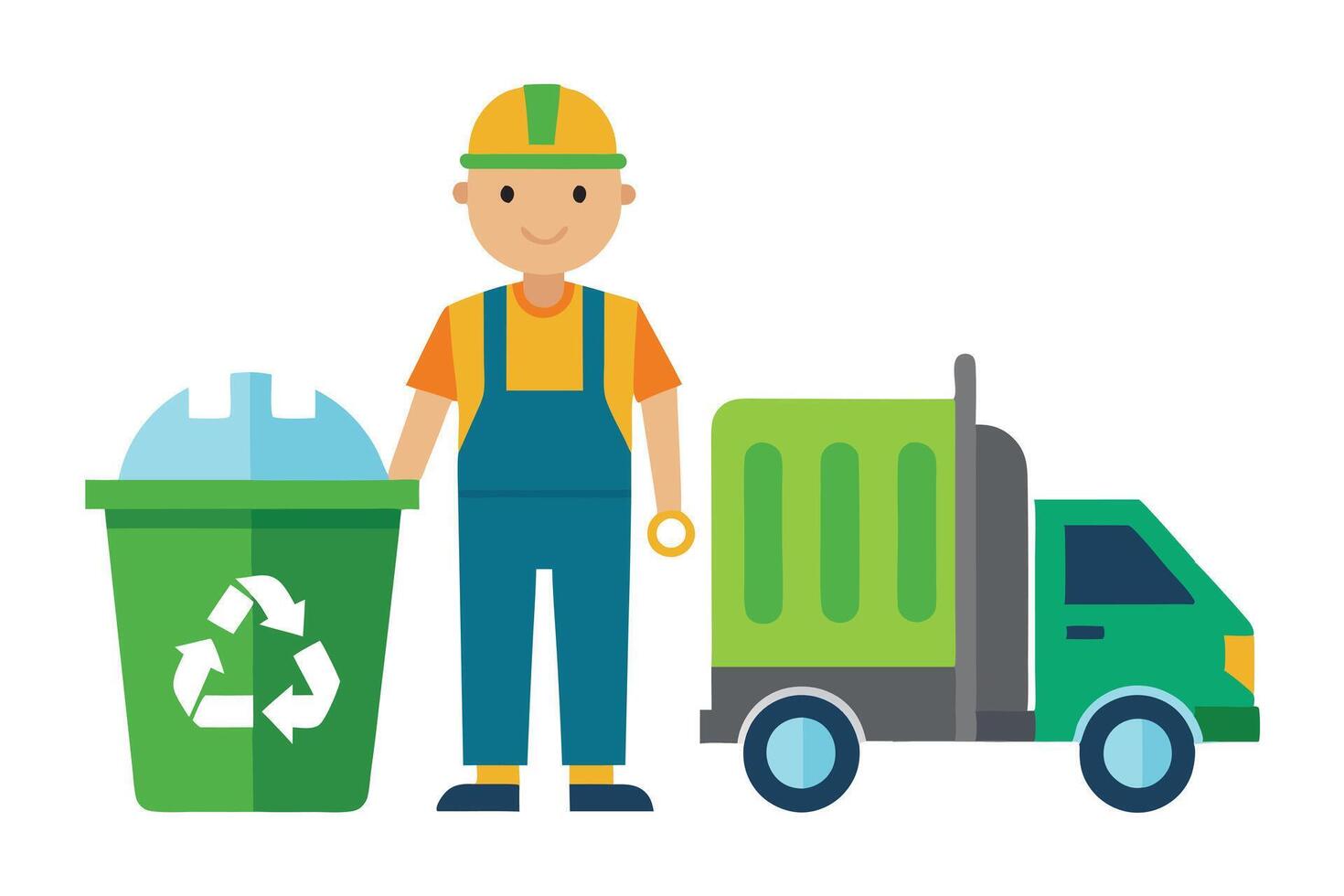 Cartoon Worker with Recycle Bin and Garbage Truck on White Background Flat Style vector