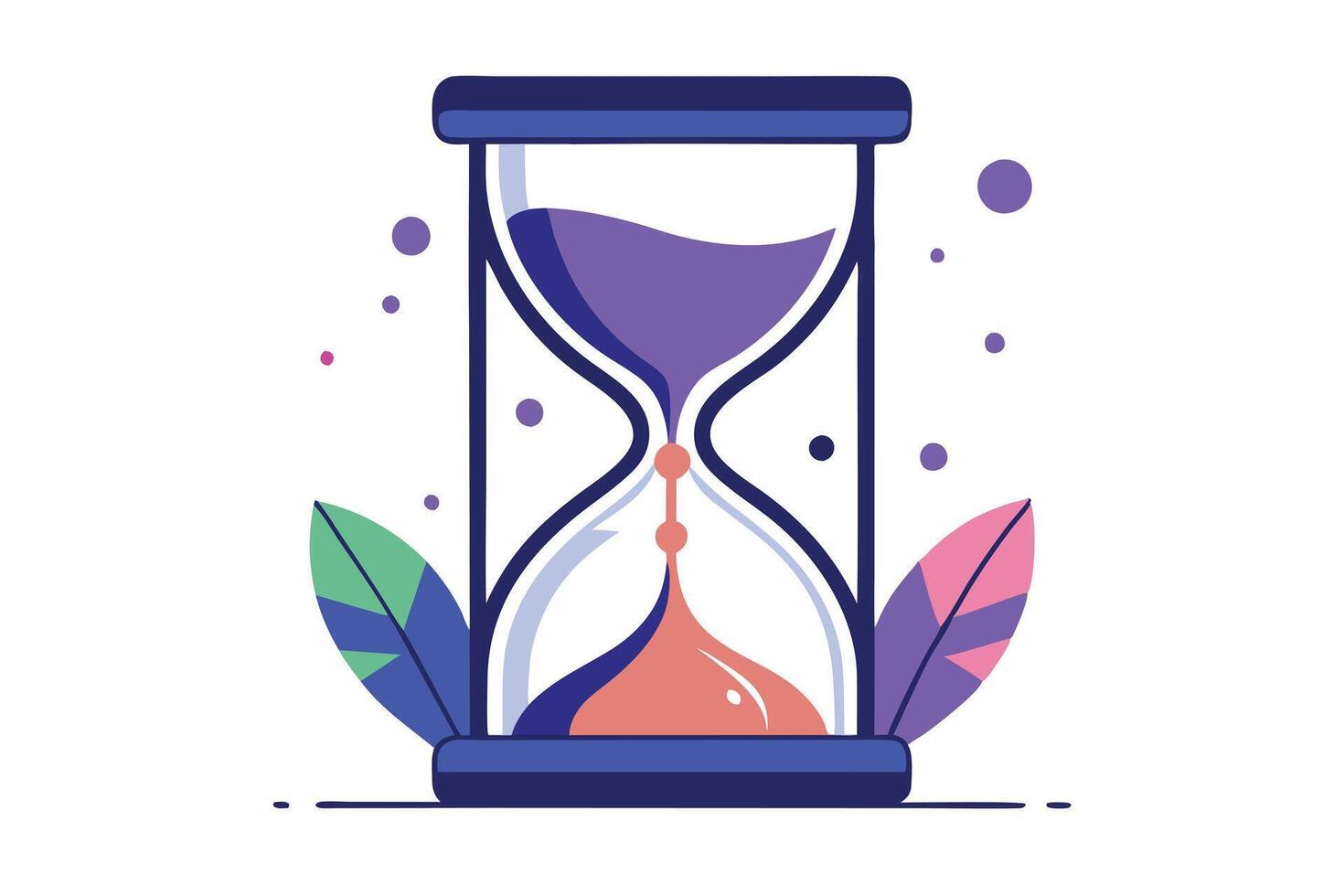 Hourglass with Purple and Salmon Sand, Blue Frame, Surrounded by Leaves, on White vector