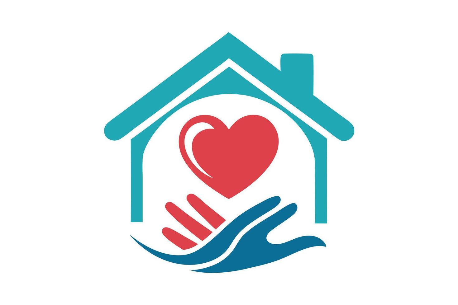 of Home, Teal House with Red Heart and Blue Hands Design on White vector