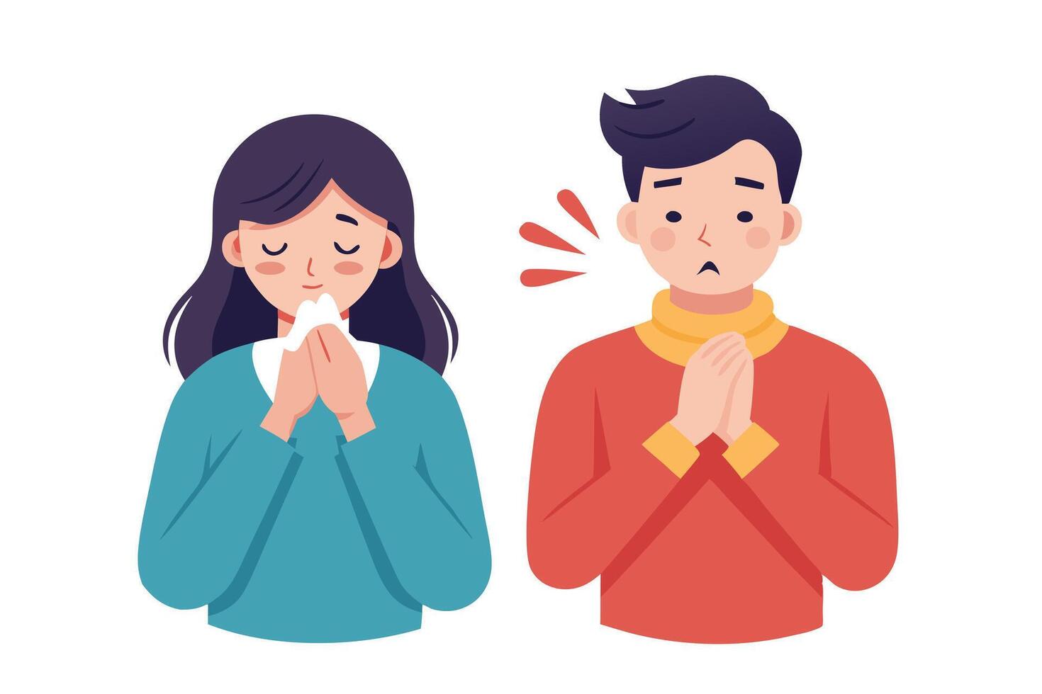 Woman Blowing Nose and Man Coughing in Flat Isolated on White vector