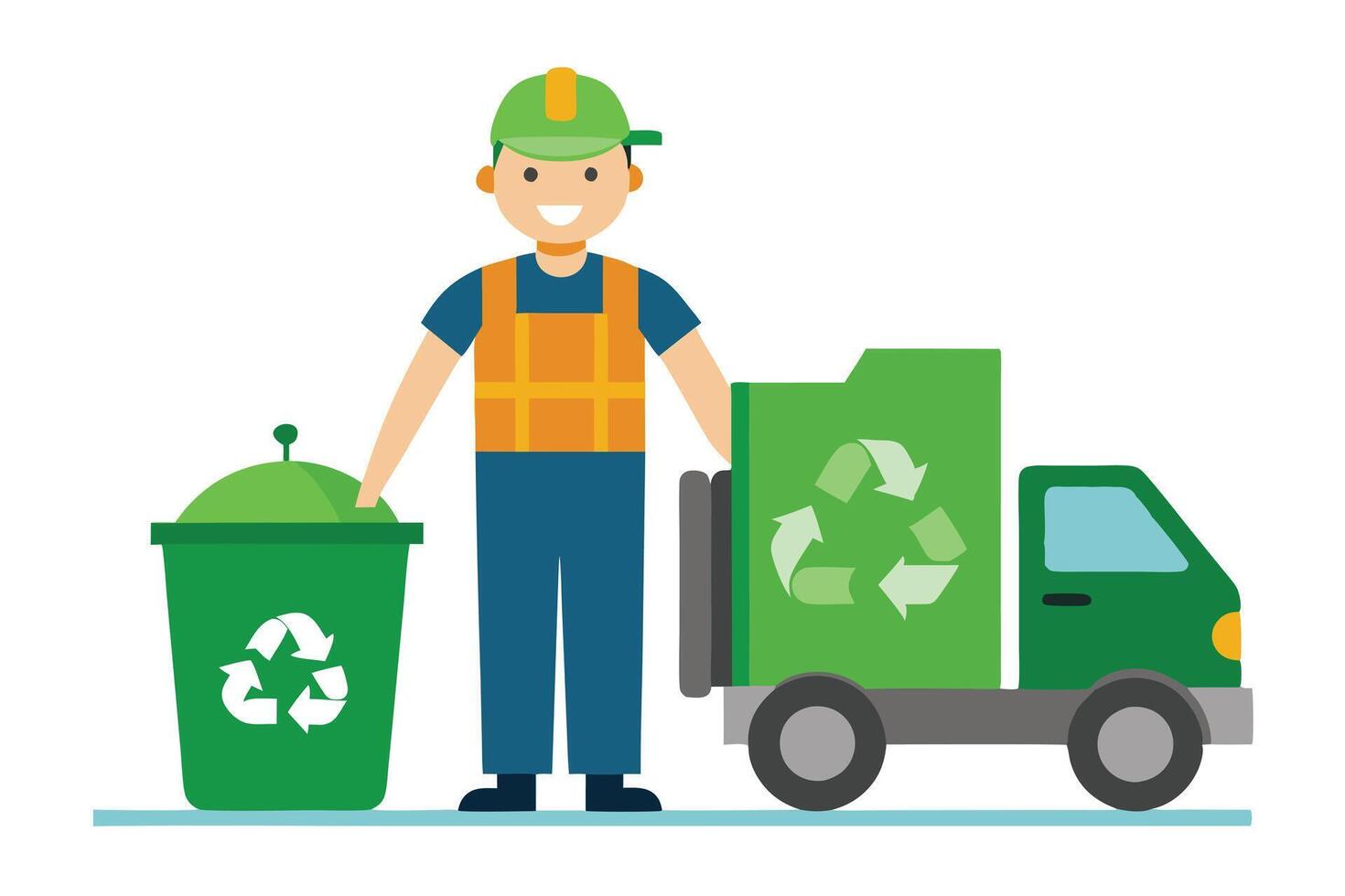 Sanitation Worker Near Green Recycling Bin and Truck on White Background vector