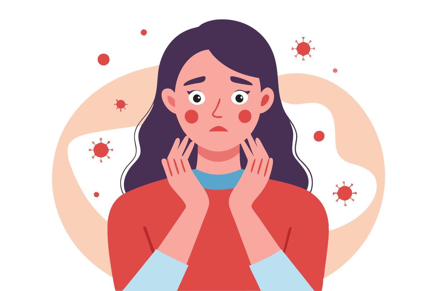 Anxious Woman Holding Face with Worried Expression amid Viruses vector