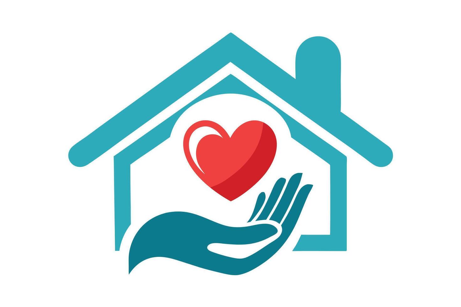 Teal House Silhouette with Red Heart and Hand on White Background vector