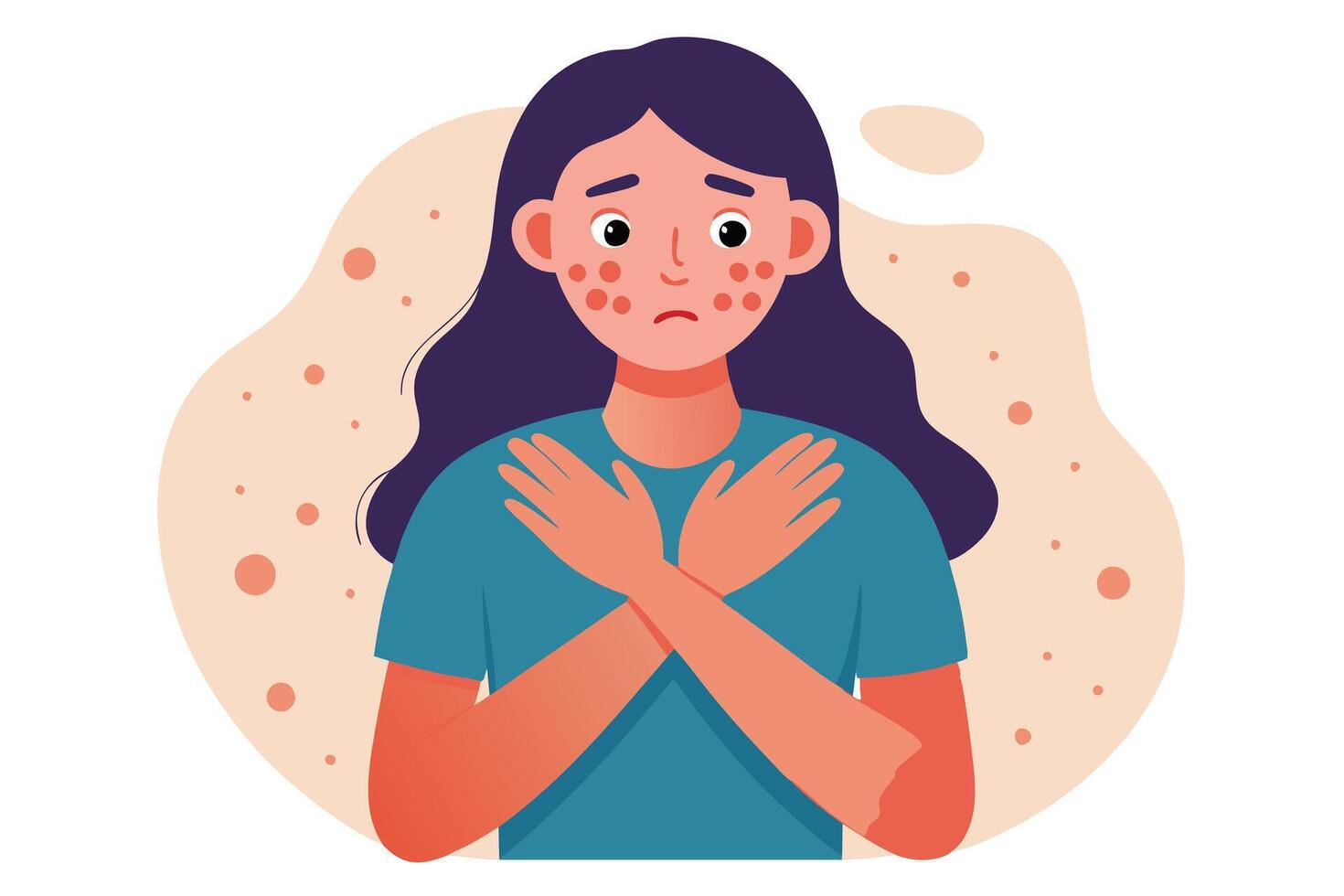 Sad Young Woman with Acne Crossing Arms for Comfort on White Background vector
