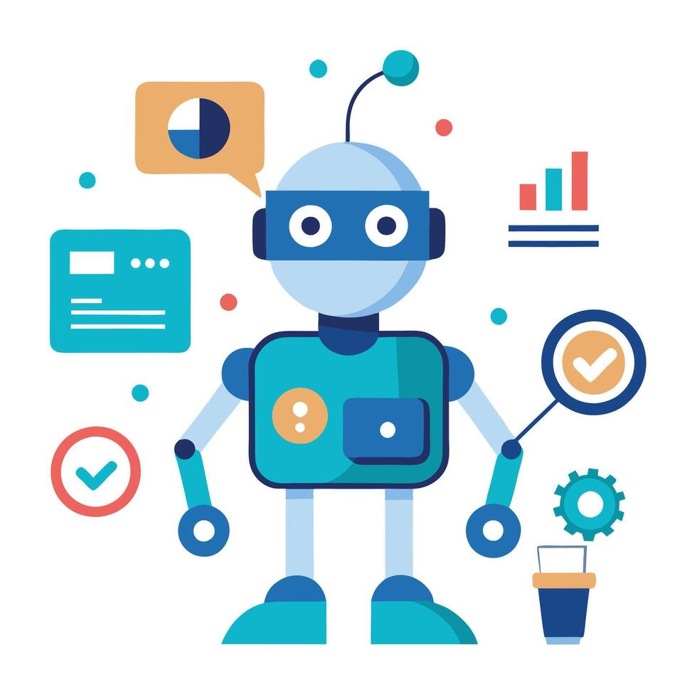 Cute Flat Design Robot with Stats, Gear, Check Marks and Speech Bubble on White vector