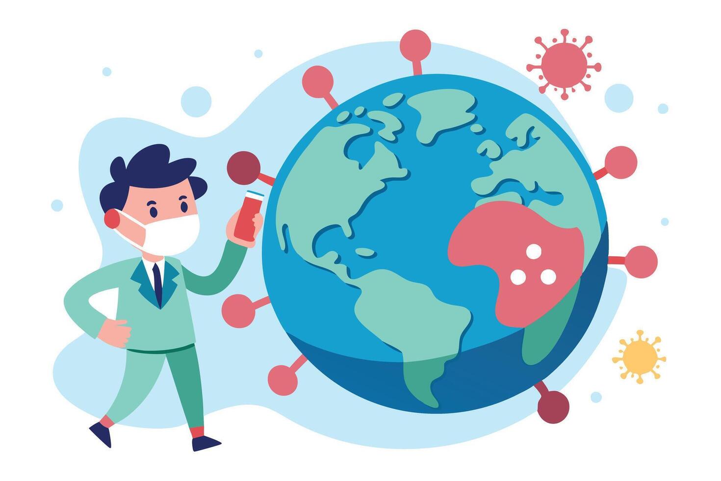Man with Mask Beside Earth Globe with Virus in Flat Style vector