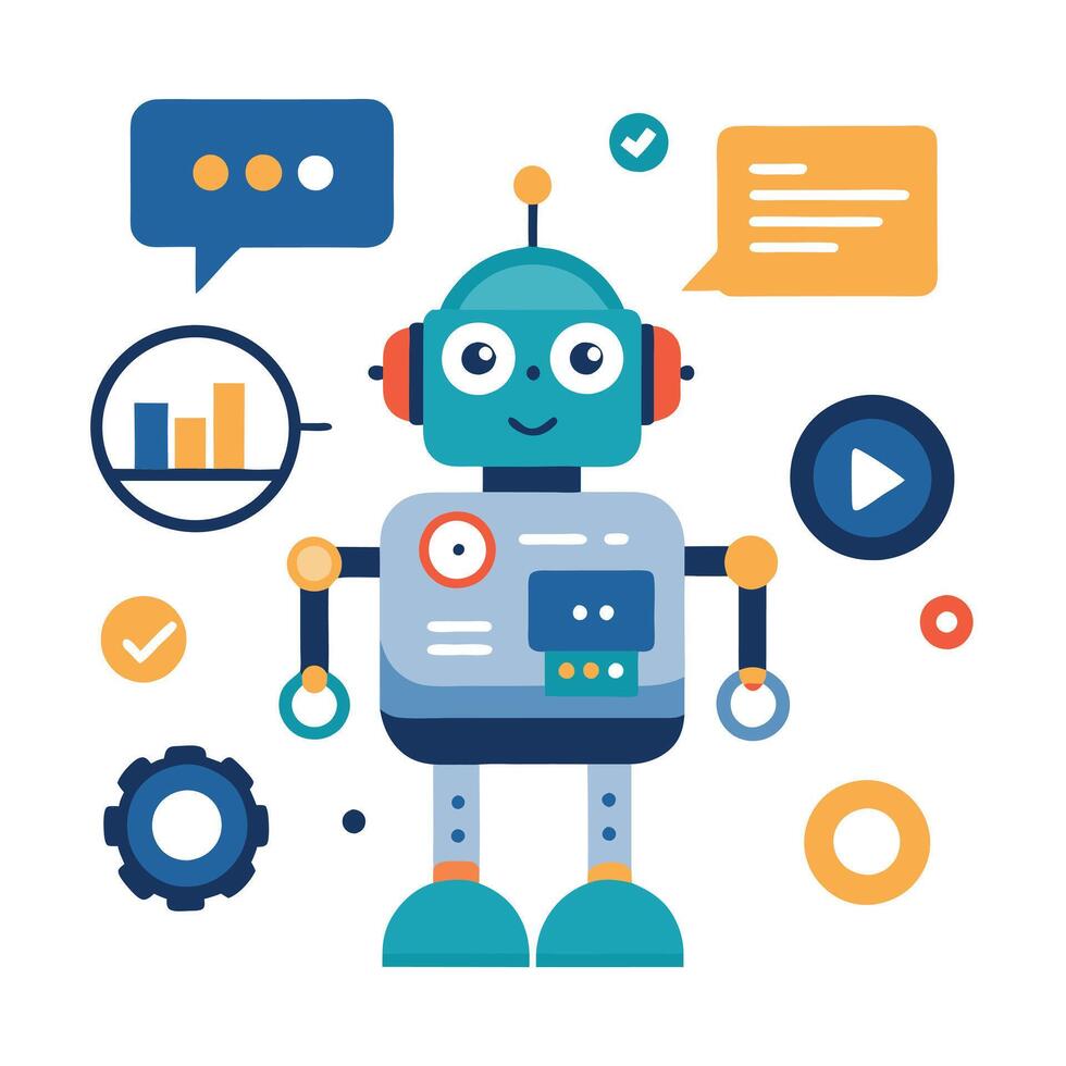 Cheerful Blue Robot with Speech Bubbles on White Background Flat Design vector