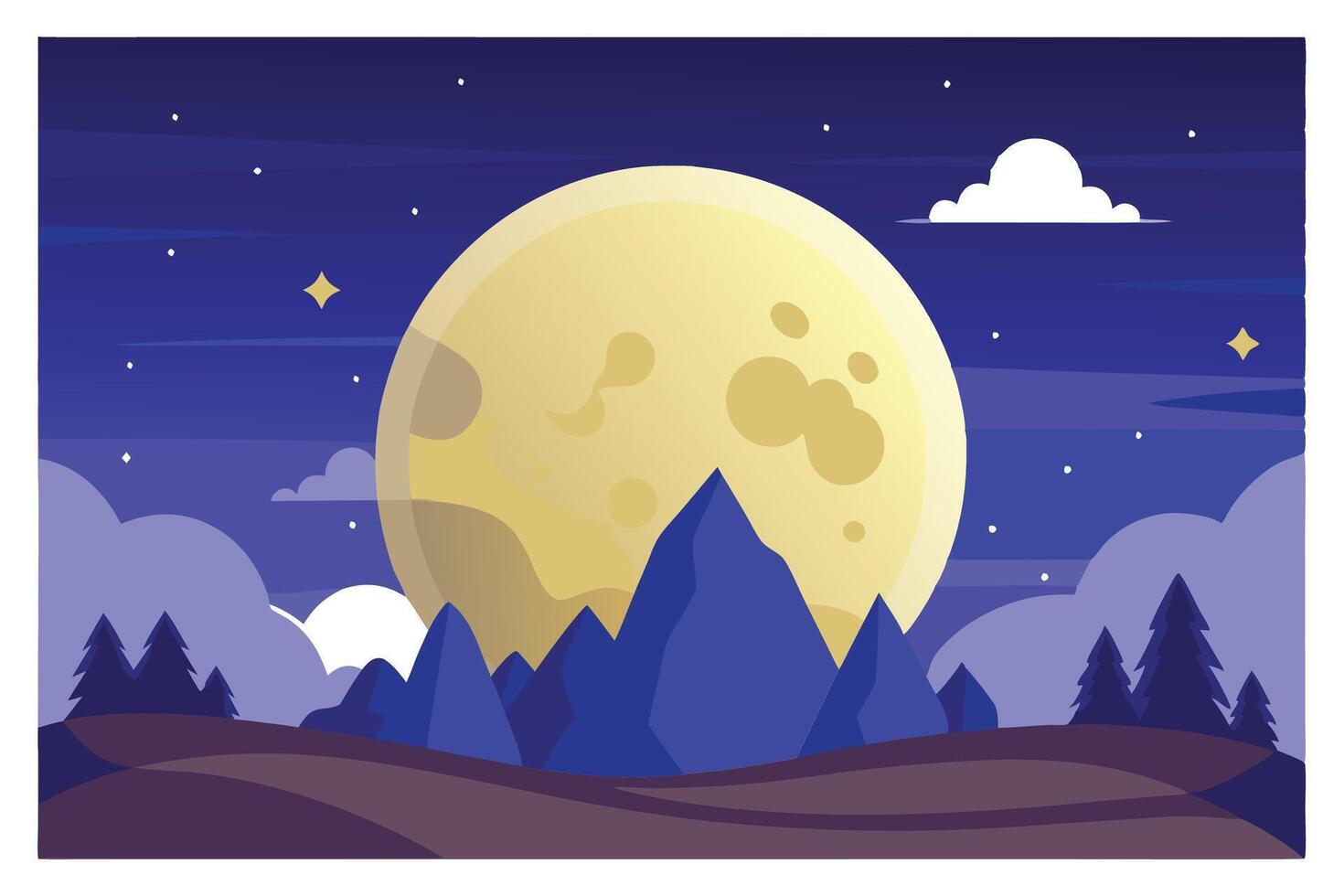 Night Landscape with Full Moon and Trees, Cartoon Style Flat Design Scenery vector