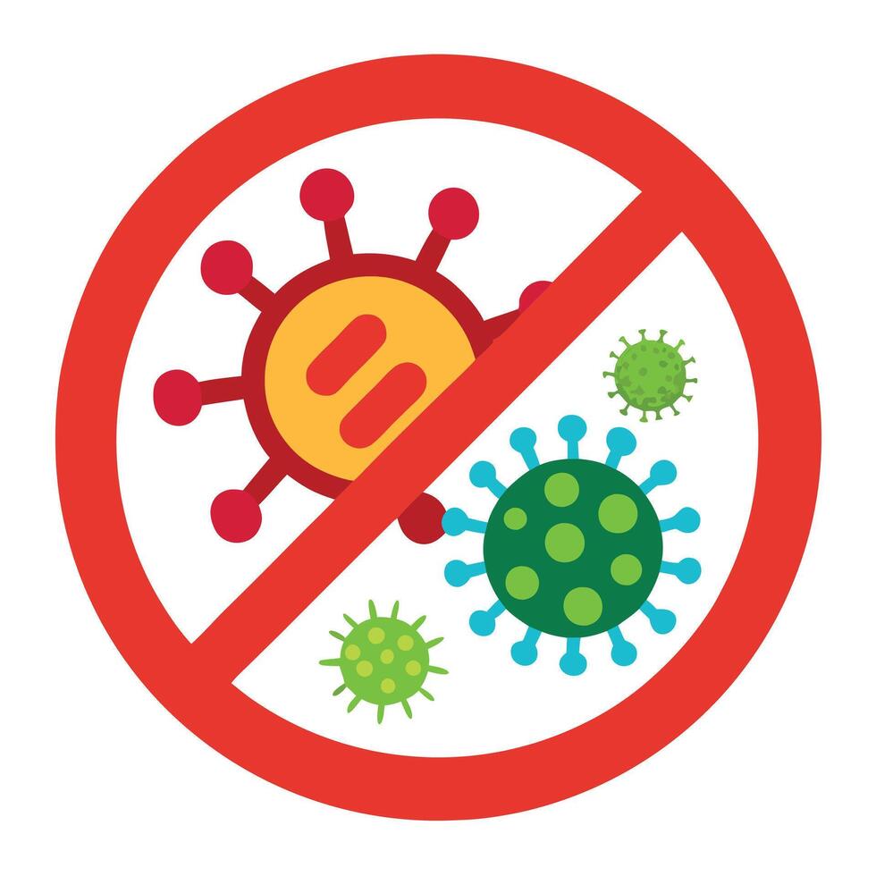 Stop Virus Icon with Red Prohibition Sign and Coronavirus Molecules Flat Design vector