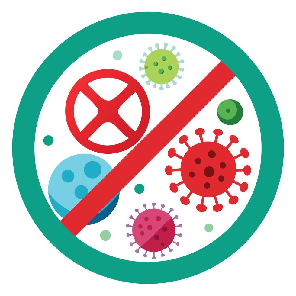Virus Prohibition Sign with Round Teal and Red Slash Mark on White BG vector