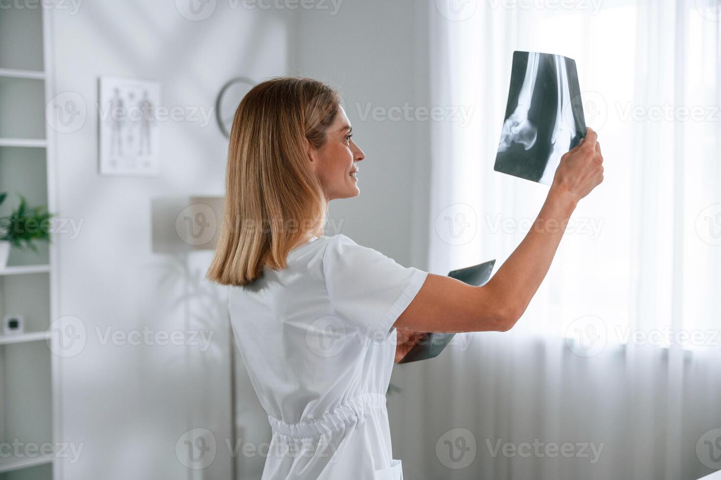 Checking x-ray. Young female doctor in white coat is ,indoors photo