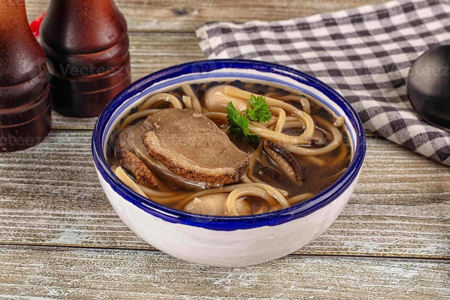 A bowl of soup with noodles and meat photo