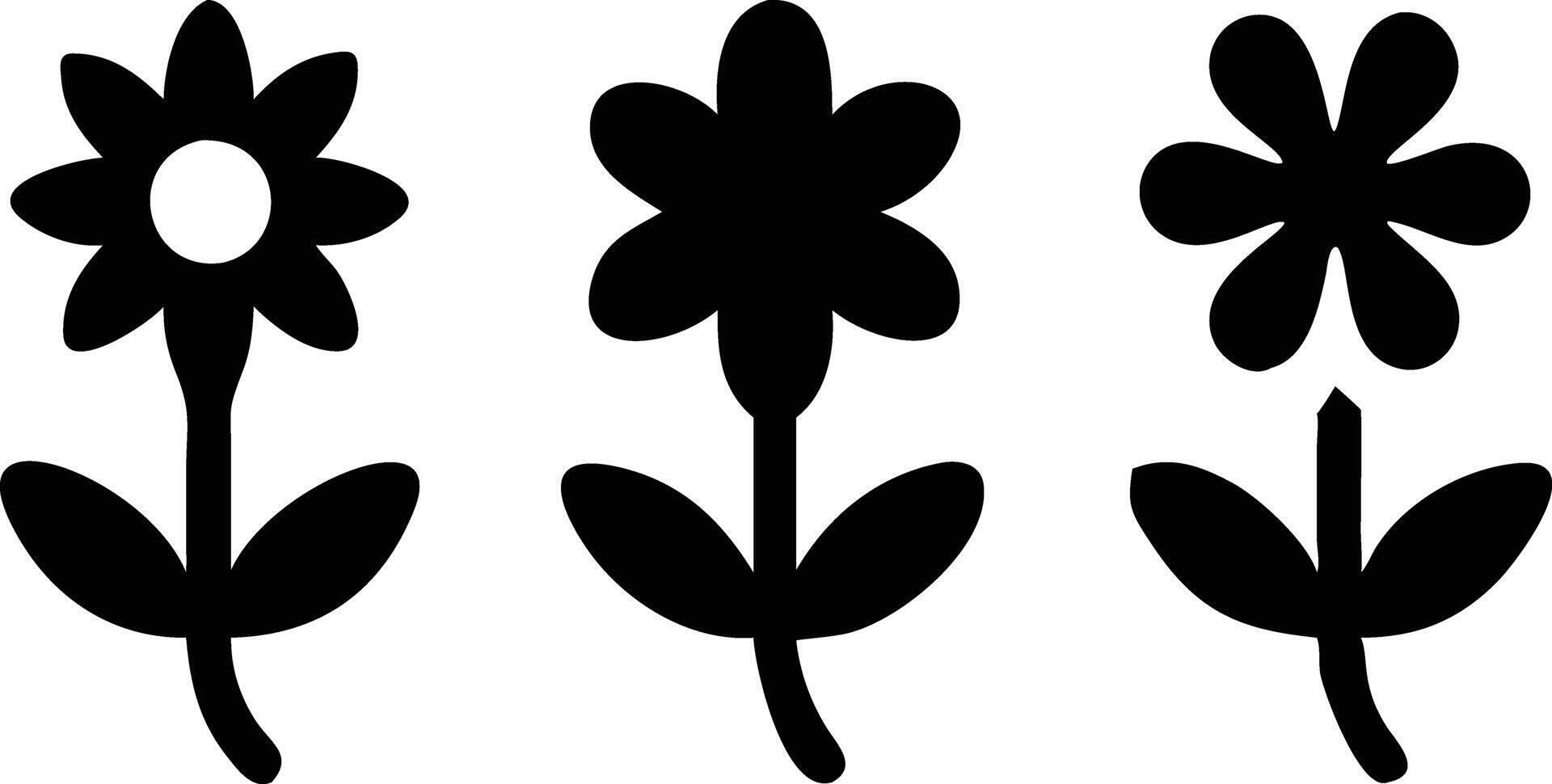 Three Floral Silhouettes, Minimalist Flower Shapes, Black Blooms Isolated on White vector