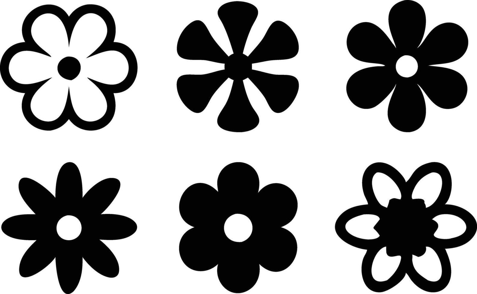 Collection of Six Various Black Flower Icons on a Clean White Background vector