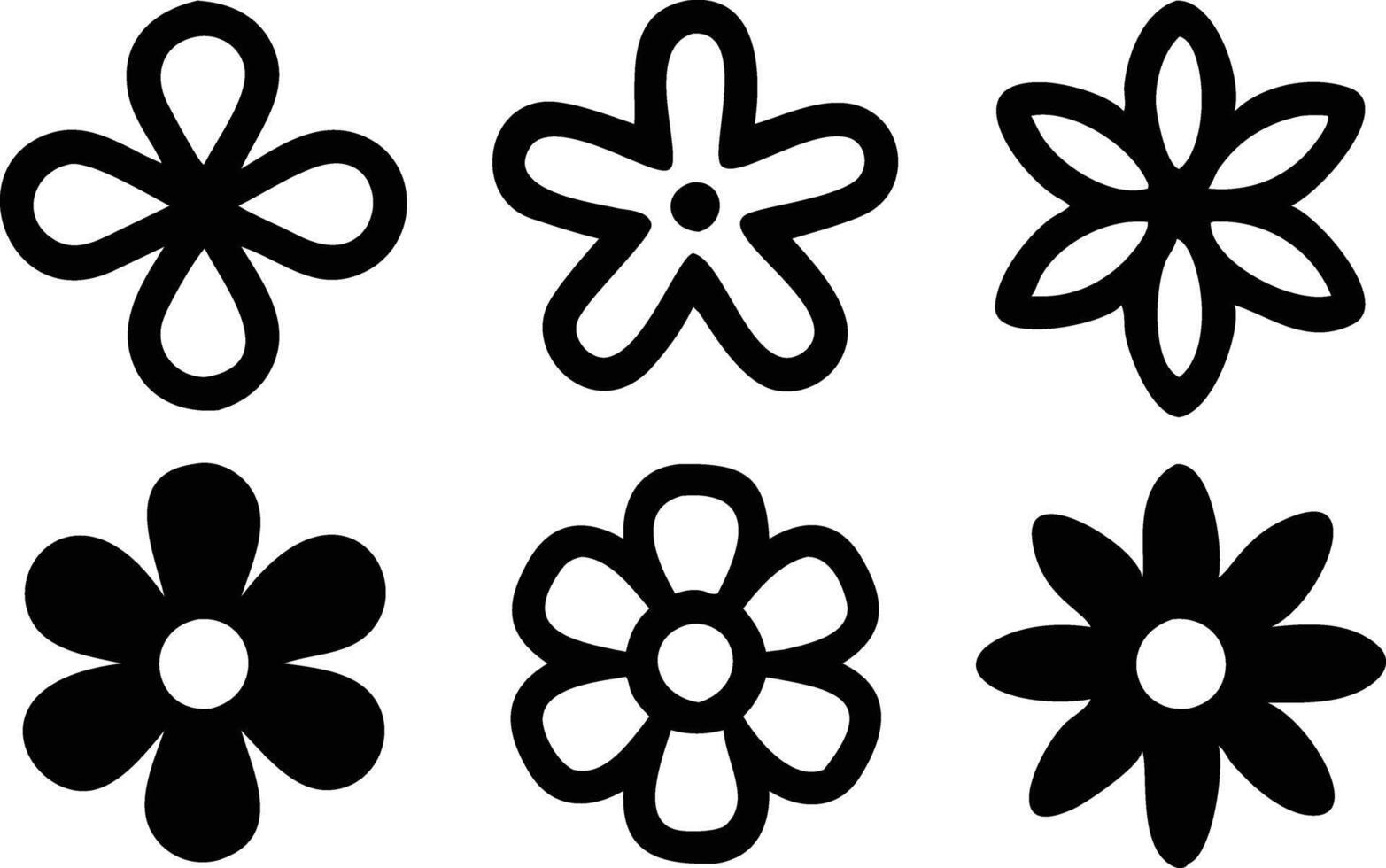Retro Flower Clipart Icon Set Six Various Black Floral Design Elements Isolated vector