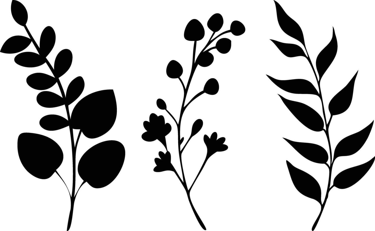 Silhouette Branches Set with Leaves and Buds, Isolated on White Background vector
