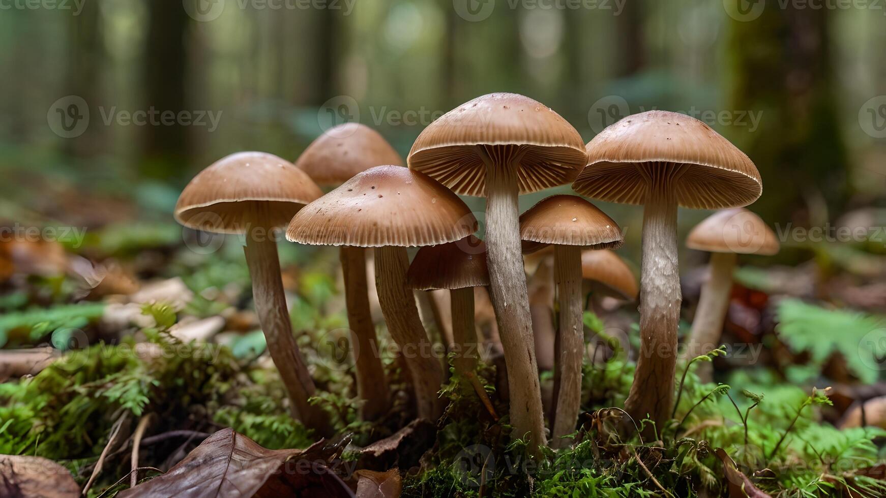 Cluster of brown mushrooms with slender stems and caps covered in fine dots, growing amidst lush green moss in a serene, damp forest setting. photo