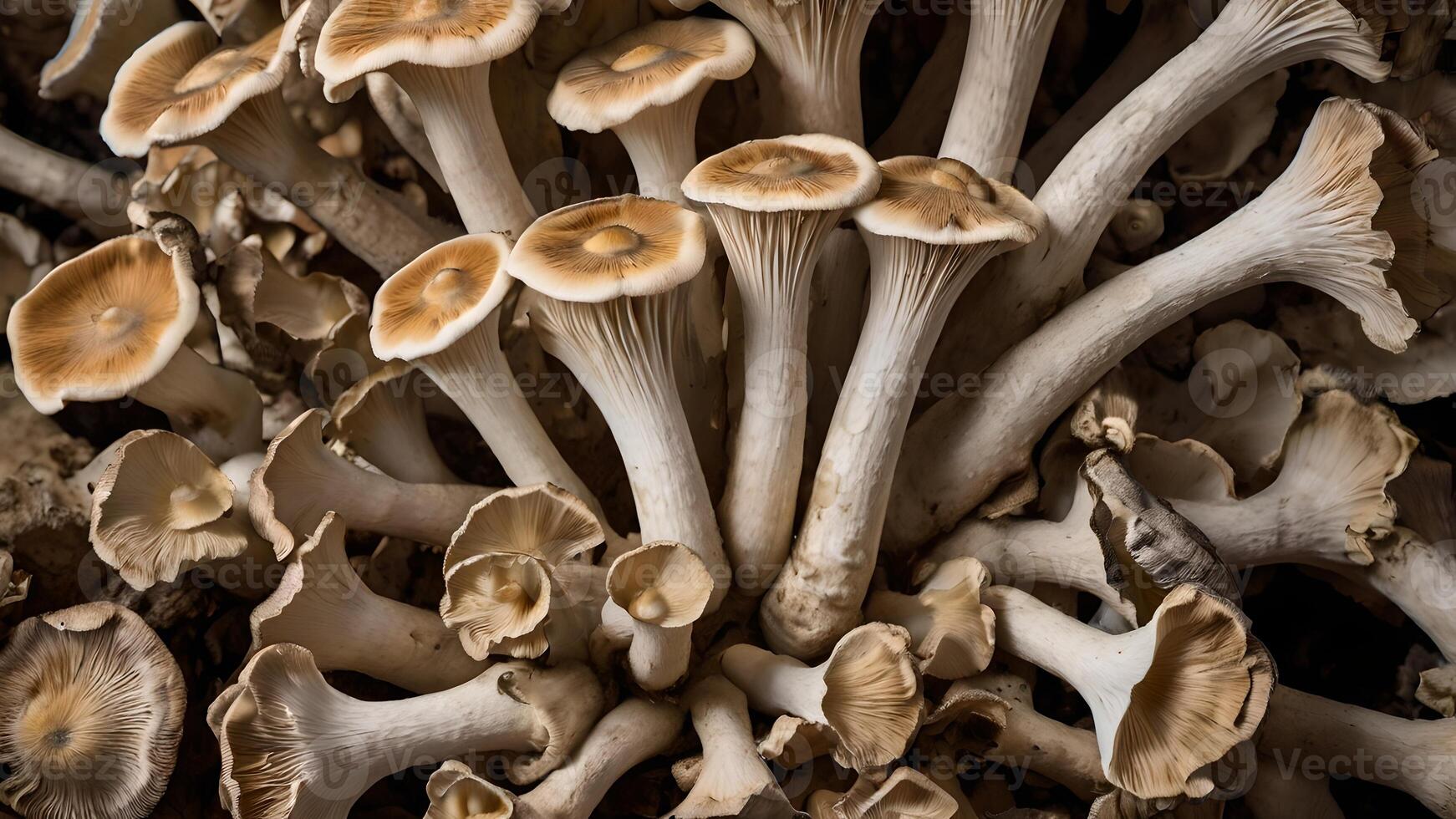 A cluster of fresh, earthy mushrooms with slender stems and light brown caps, densely packed together in a natural, organic setting. photo