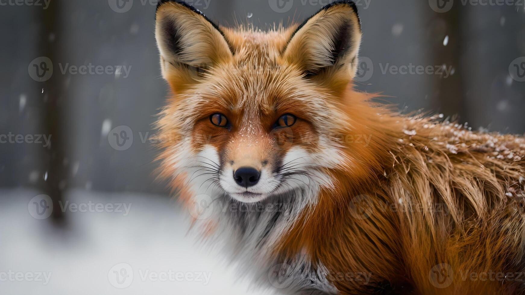 A vibrant red fox with a white tipped tail and piercing eyes stands alert in a snowy forest, its fur dusted with falling snowflakes. photo